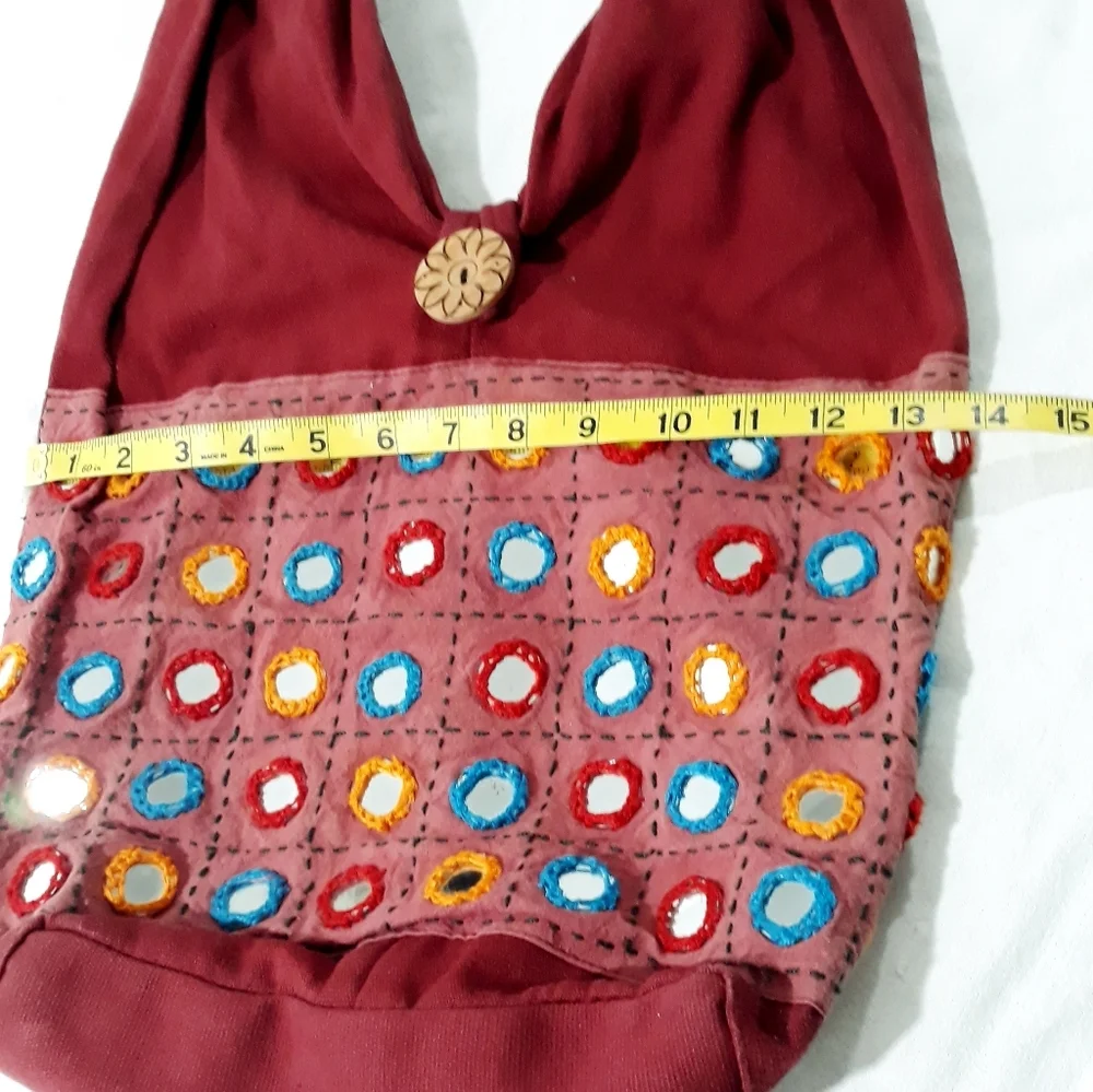 Boho Bag Shoulder/Crossbody Red and Multicolor With Mirrors Designed